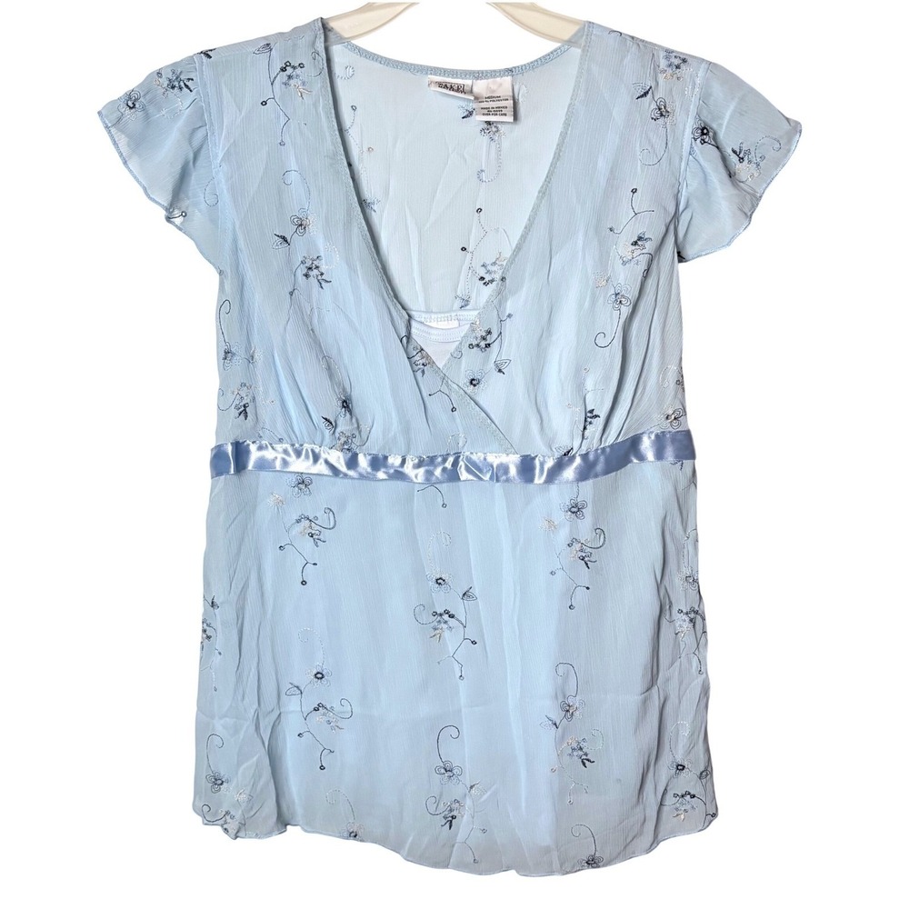 Y2K Romantic Embroidered Fairycore Blouse Womens M Whimsy Baby Blue Vintage